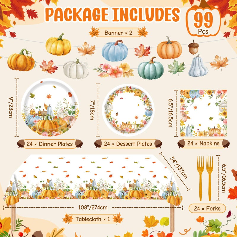 Teeloray 99 Pcs Fall Thanksgiving Plates and Napkins Party Supplies, Autumn Watercolor Pumpkin Leaves Disposable Tableware Set with Banner Tablecloth, Fall Decor Harvest Party Decorations for Table, Serves 24 - Image 2
